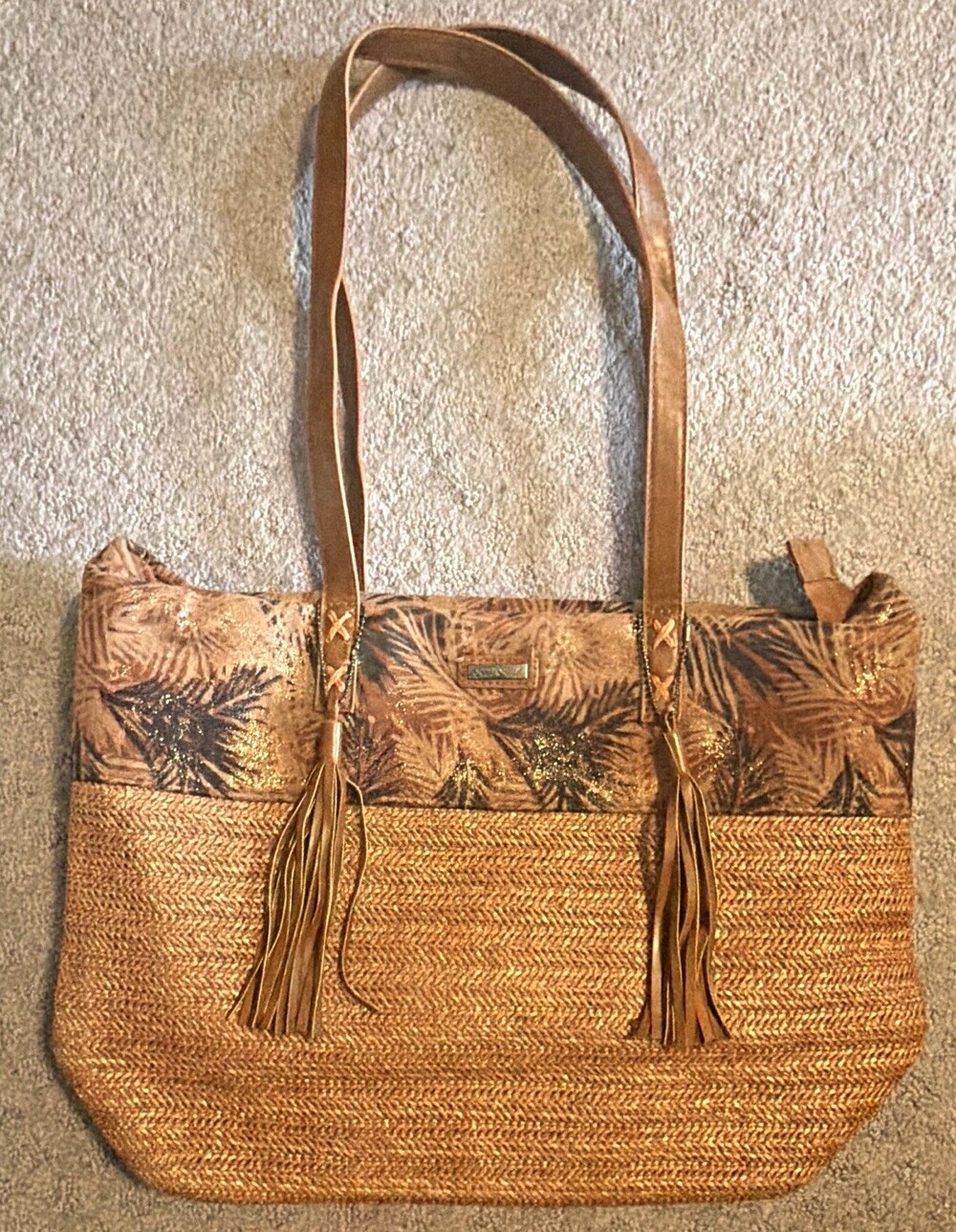 Sun 'N' Sand Woven Straw Tote Tan/Brown Tropical Floral Zip Tassel Lined